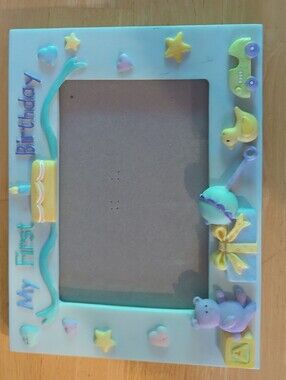 Russ Pastel Blue and Yellow "My First Birthday" Baby Picture Frame. 4x6